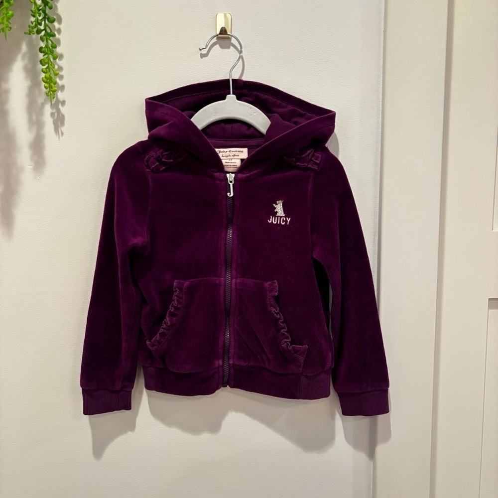 Juicy Couture Toddler Girl Velour Full Zip Hoodie Ruffle Detail Eggplant Size 3T